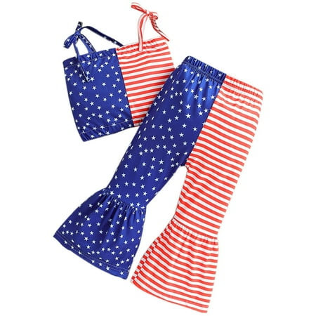 

Summer Toddler Girls Suit Independence Day Star Suit Spaghetti Straps Flared Pants Short Sleeve Pants Flared Pants 2PCS Set Kids Child Clothing Streetwear Dailywear Outwear