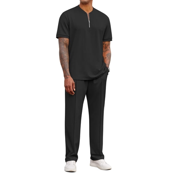 COOFANDY Men' 2 Pieces Outfits Casual Quarter Zip Polo Shirt and Jogging Pants Summer Tracksuits Set