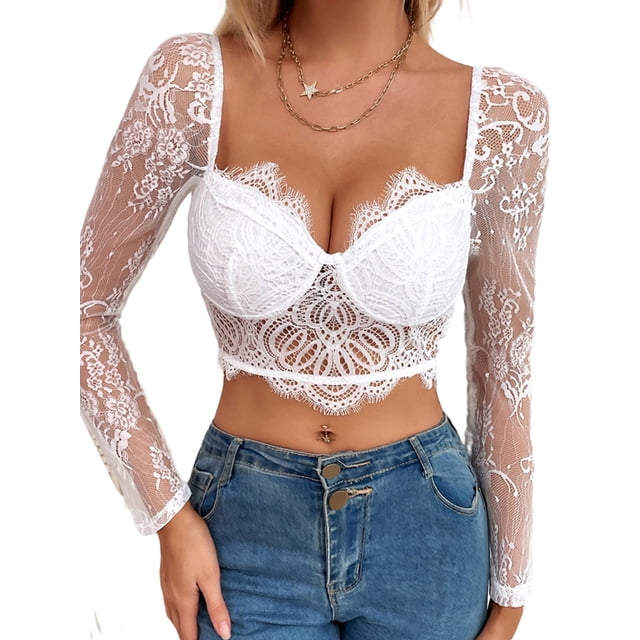 VISgogo Top corto para mujer, manga larga, cuello en V, encaje transparente, patchwork, tops para mujer para fiesta en el club VISgogo moda