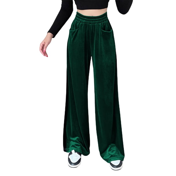 Txlixc Pantalones de terciopelo de piernas anchas para mujeres, pantalones elásticos casuales de cintura alta y ancha Txlixc moda