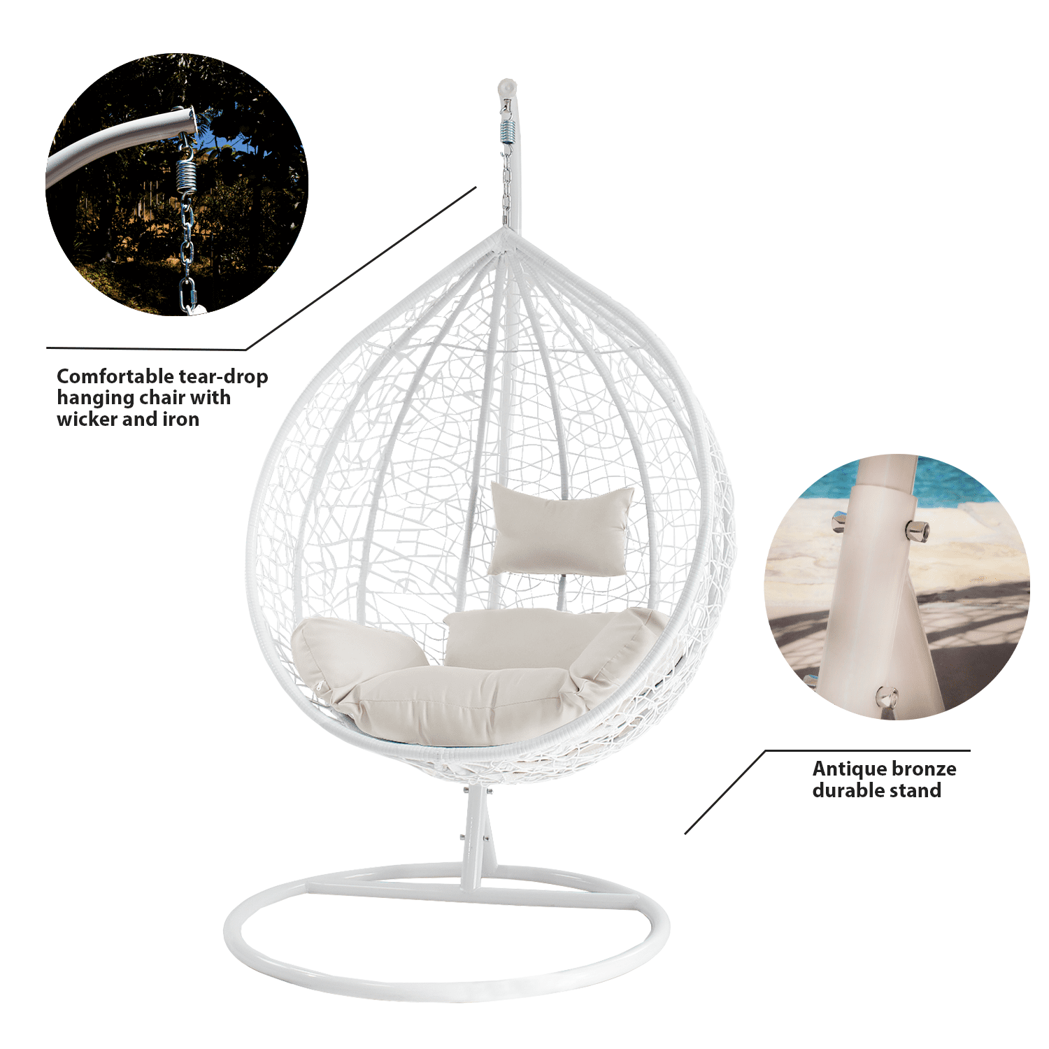 Bij wet Roest privacy Décor Patio Swing Chair Home Decor Outdoor Wicker Plastic Snow White Nest  Tear Drop Swing Lounge Chair with Ashes Gray Cushion & Support Frame -  Walmart.com