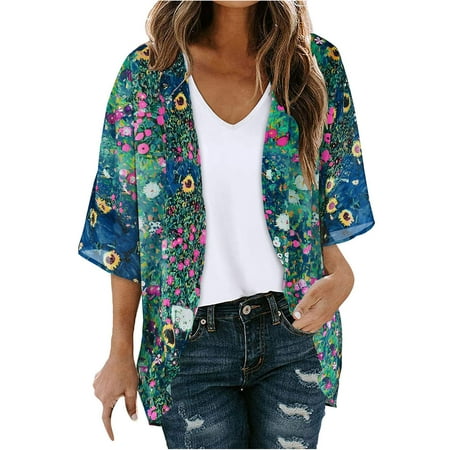 

QIPOPIQ Clearance Sweatshirts for Women Floral Print Puff Sleeve Kimono Cardigan Loose Cover Up Casual Chiffon Tops