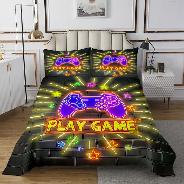 Erosebridal Neon Gamepads Coverlet Set King,Gradient Geometric Buffalo Bedding Set,Video Game Decor,Ultra Soft,3 Pieces