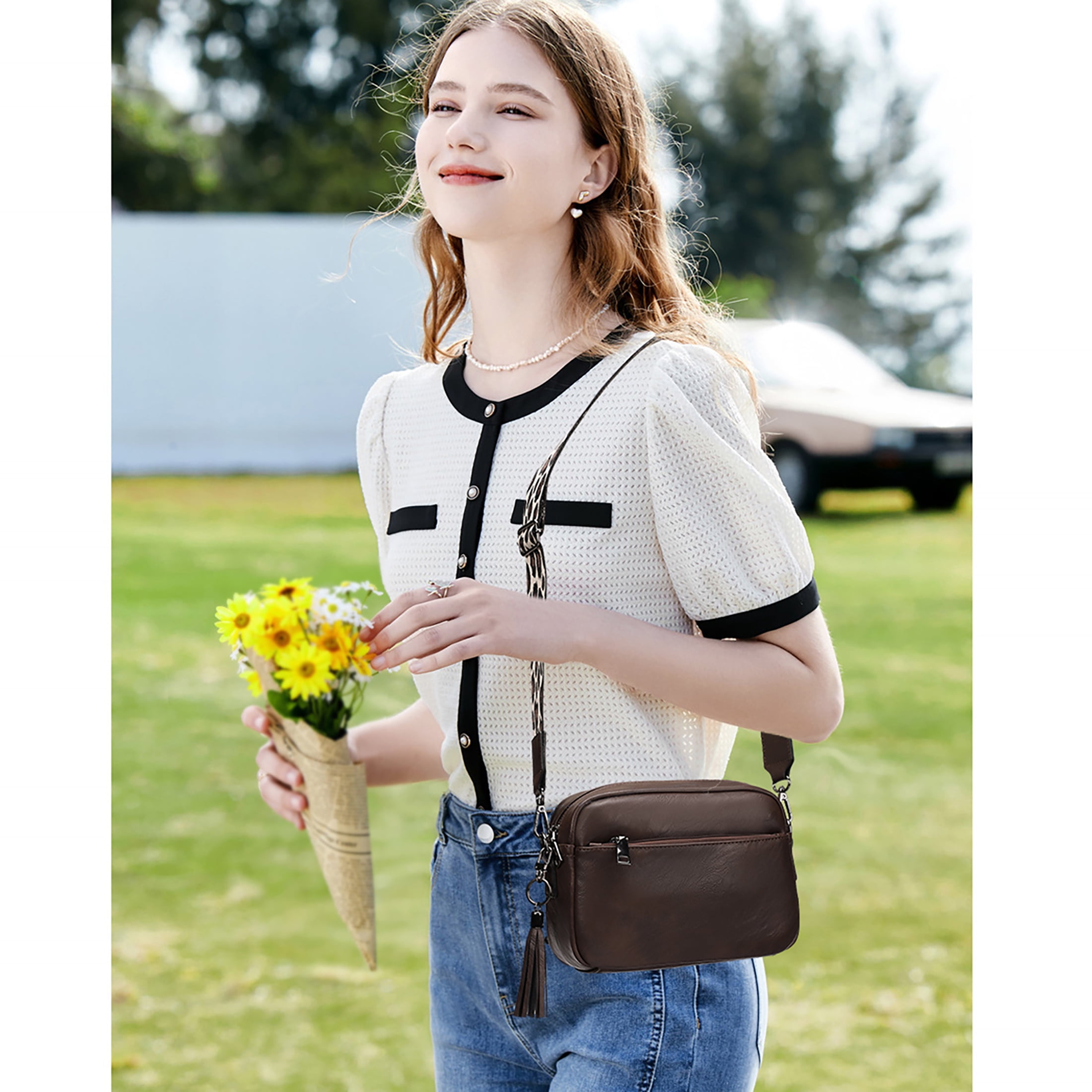 KL928 Small Crossbody Bag for Women Soft FAUX Leather Cell Phone Purse Wallet Purse with Wide Strap(Coffee)