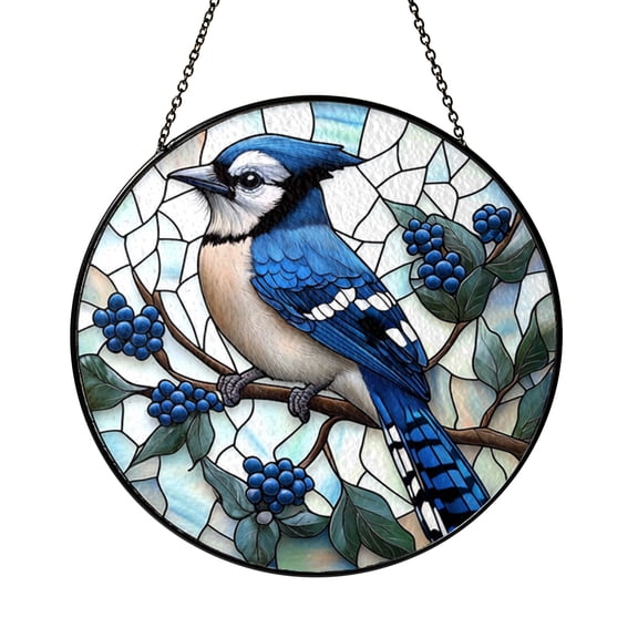 Blue Jay Bird Stained Glass Round Window Panel Decorative Glass Art for Home Display