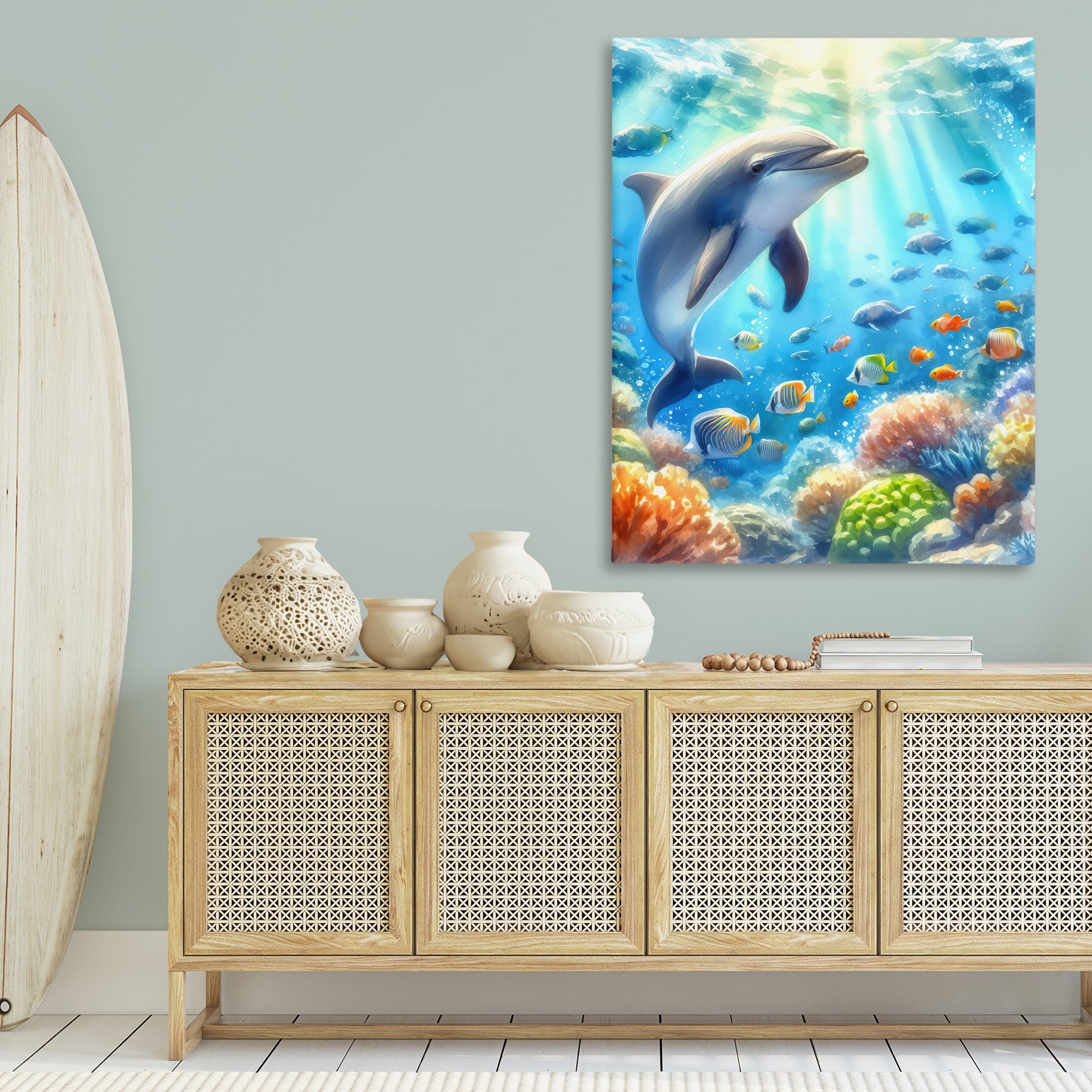 Stupell Industries Smiling Dolphin Under Sea Nautical & Beach Painting Wrapped Canvas Art Print Wall Art, 36 x 48