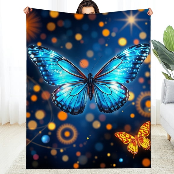 RKSupls Glowing Blue Butterfly Starry Sky Fantasy Soft Flannel Throw Blanket, Lightweight Fuzzy Warm Cozy Blanket for Couch Bed Home Travel Decor