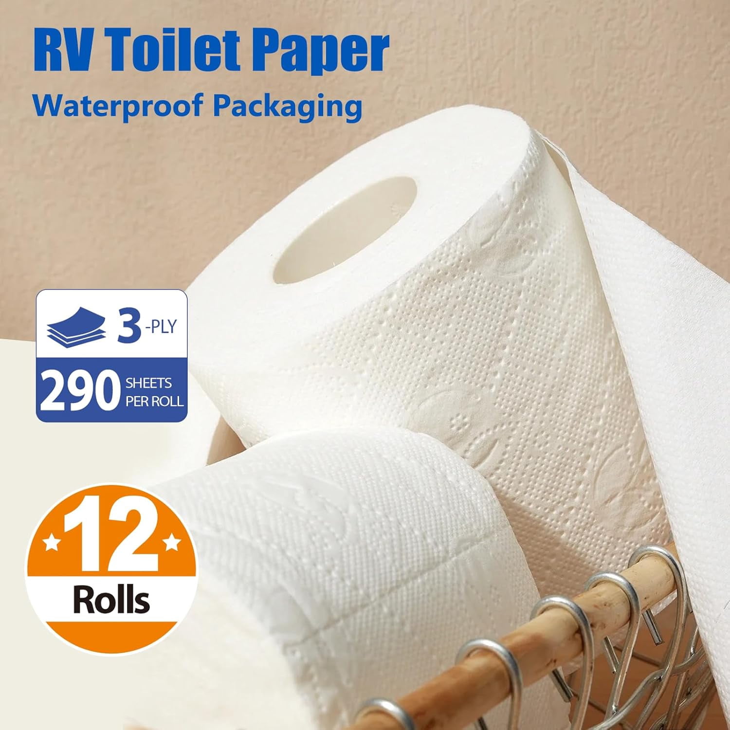 RV Toilet Paper - 12 Rolls, Rapid Dissolve, Septic Safe, Travel Toilet Tissue for RVs, Boats, Marine, Camper Accessories- 3 Ply, 290 Sheets