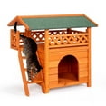 thumbnail image 2 of 2-Story Wooden Feral Cat House Outdoor Indoor Kitty Houses with Door & Stairs & Weatherproof Roof, Orange & Green, 2 of 10