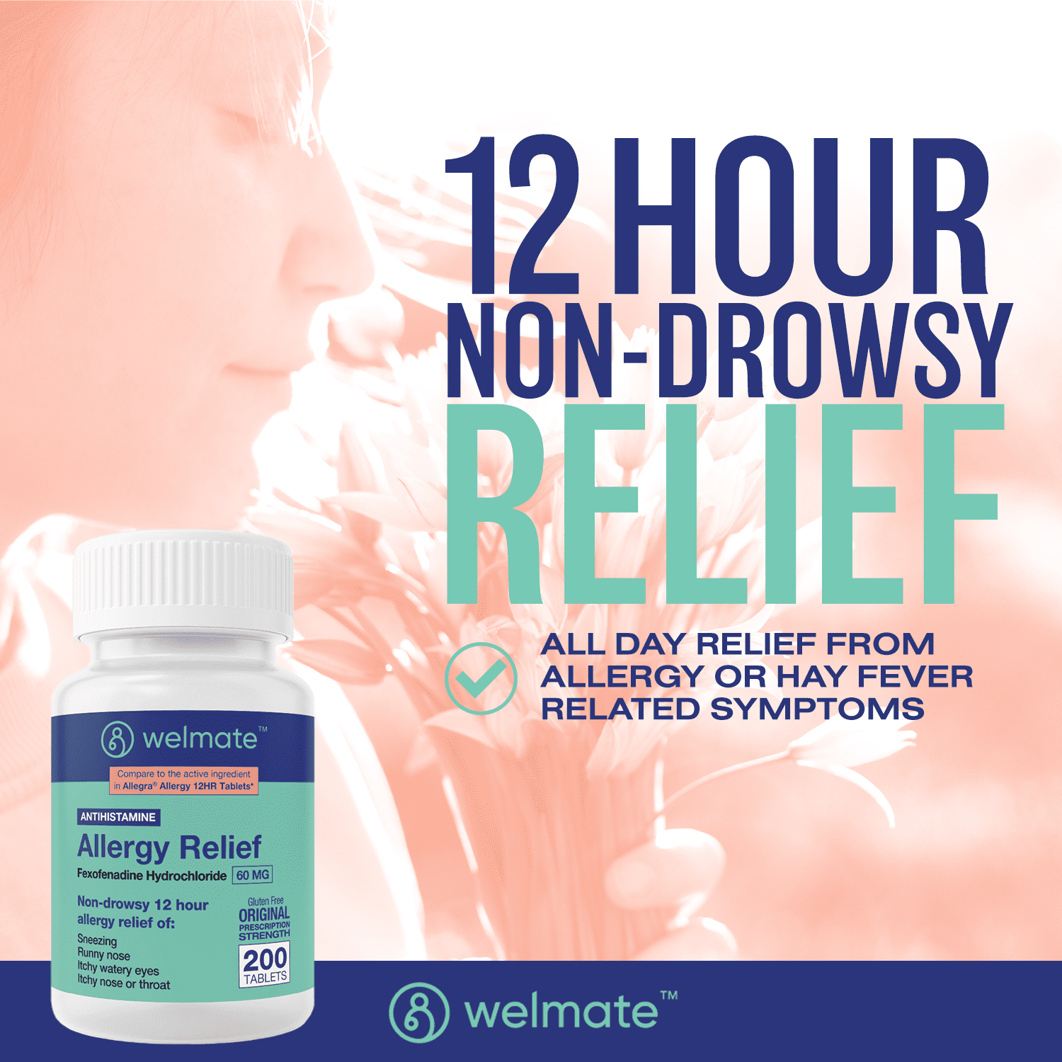 WELMATE Antihistamine Allergy Relief, Fexofenadine HCL 60mg - 200 Tablets