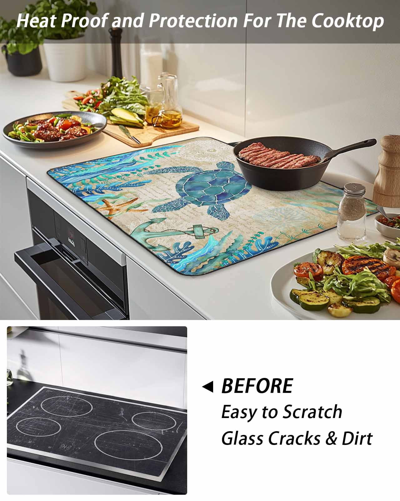 Stove Top Covers for Electric Stove, Teal Sea Turtle Coastal Glass Stovetop Cover Protector, Vintage Summer Beach Seaweed Induction Cooktop Protector Oven Mat for Kitchen Countertop 24"x21"