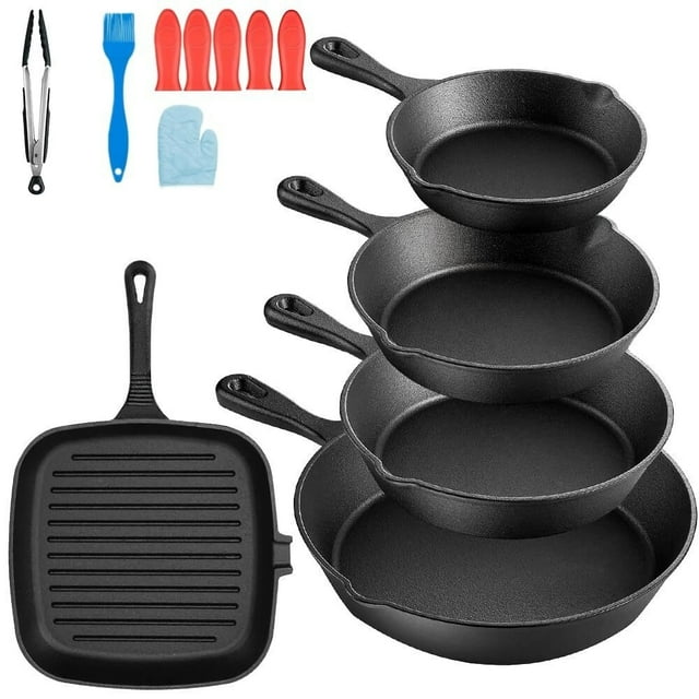 Juego de 5 Sartenes de Hierro Fundido, Cast Iron Skillet con Espátula y Guantes, Cacerolas de Hierro Fundido Antiadherentes, Ideal para el hogar, la cocina y el camping