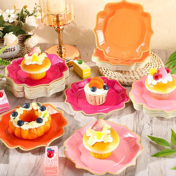 YUYAN-96 Pcs Pink and Orange Dessert Plates 7 Inch Scalloped Disposable Party Paper Plate for Summer Wedding Birthday Baby Shower Party Supplies, 4 Colors