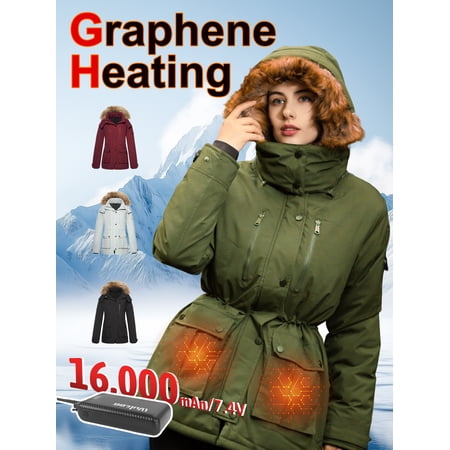Fuklindy Graphene Heated Jacket for Women with Battery 12V Fast Charge 18400mAh Large Capacity Winter Outdoor Lightweight Heating Jackets Green
