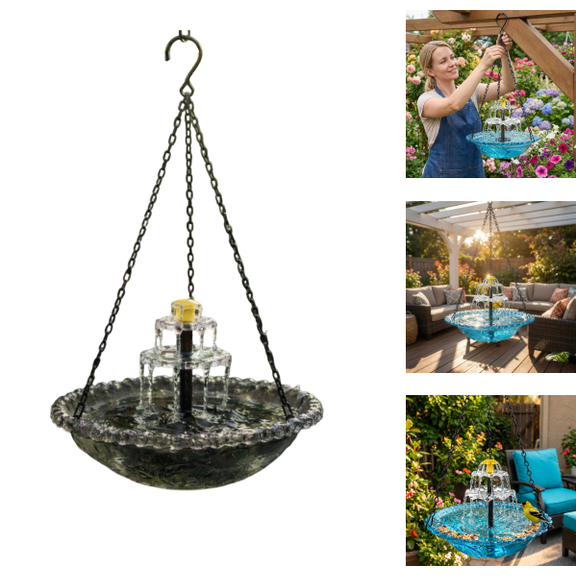 Outdoor Hanging Birdbath with Solar Fountain, Large Hanging Bird Bath with Solar Pump&Glass Bowl, Attracts Hummingbirds & Garden Birds for Backyard Patio Decor Gray