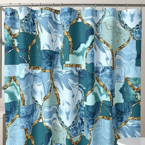 Contemporary Shower Curtain - Blue & Green Swirl Design with Gold