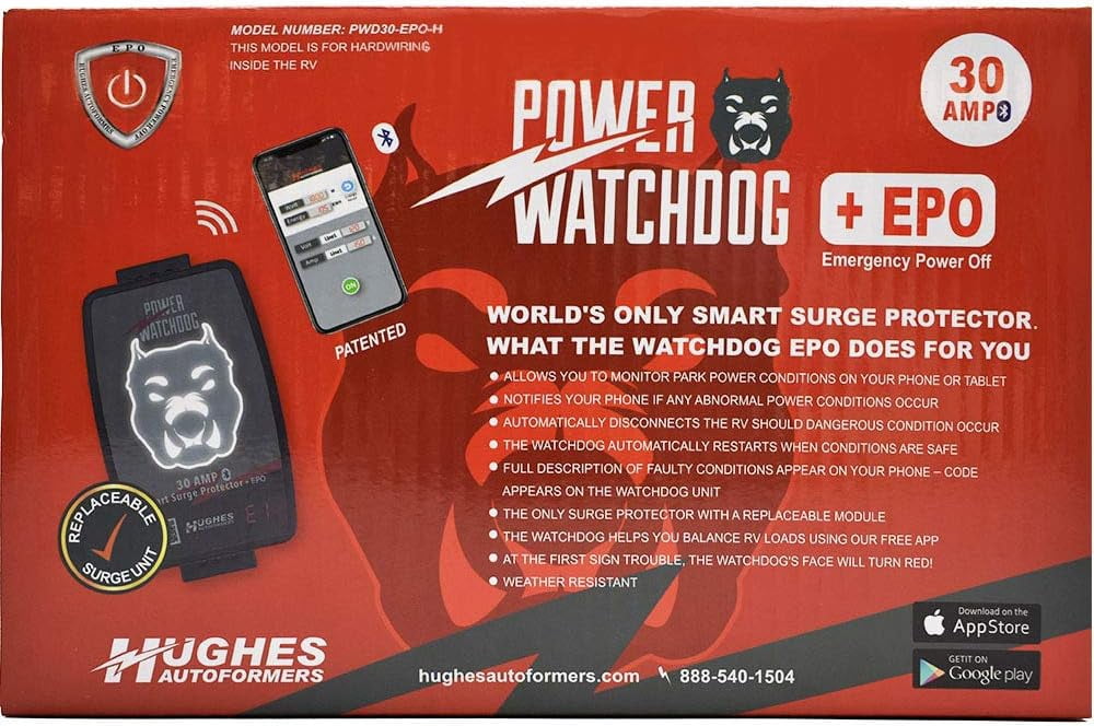 Power Watchdog PWD30EPOH 30 Amp Smart RV HARDWIRED Surge Protector - Emergency Power Off (EPO) – Bluetooth Monitoring - Replaceable Surge Module - Durable for RV Campsite Use - Installation Required
