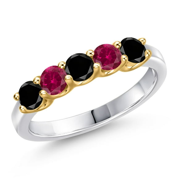 Gem Stone King 925 Silver and 10K Yellow Gold Black Diamond and Red Created Ruby Wedding-Bands Ring for Women | 1.01 Cttw | Round 3.5MM | Gemstone April Birthstone | Size 9