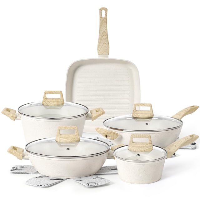 Juego de utensilios de cocina SODAY de granito blanco antiadherente para inducción, 13 piezas