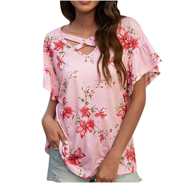 Camiseta con estampado de manga corta cruzada con cuello en V y temperamento para mujer Top de ocio con volantes sueltos Fridja bn5291