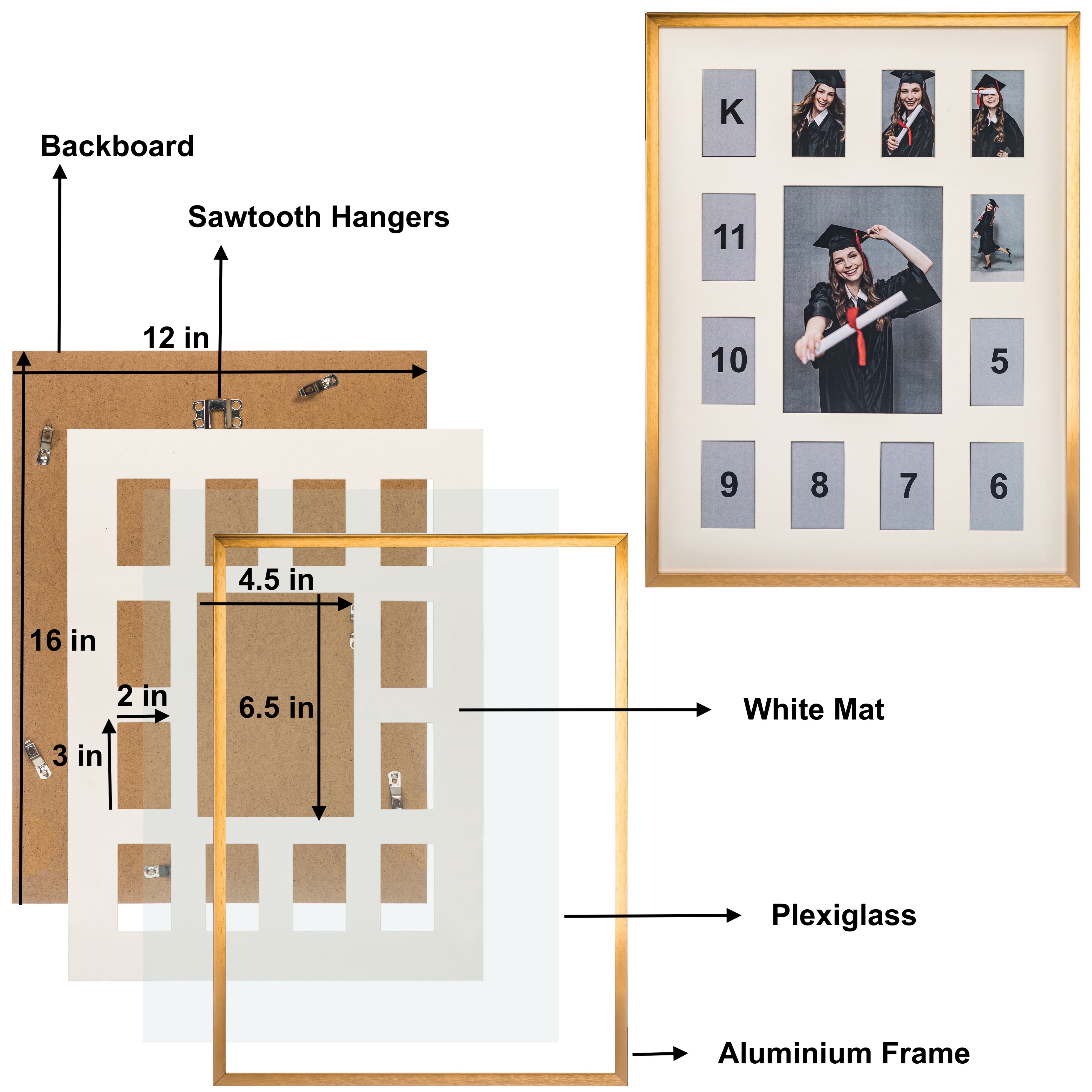 School Years Aluminum Metal Collage Picture Frame - Displays One 5x7 Photo and Twelve 2.5x3.5 Openings, K-12 Keepsake Gold