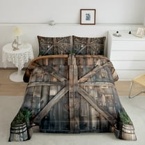 Manfei Old Barn Door Queen Comforter Set,Rustic Farmhouse Cabin Bedding Sets,Brown Green Bedding Comforter Set For Men Women,Super Cozy Room Decor Reversible,3 Pieces