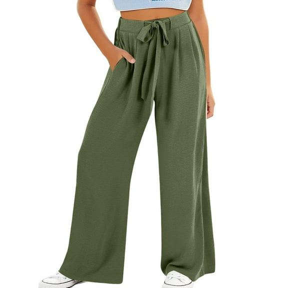 CheerKidz Girls Wide Leg Pants Casual Elastic Waist Pocket Pants Solid Color Loose Fit Comfortable Everyday Wear Soft Breathable Flowy Trousers(Army Green,8-9 Years)