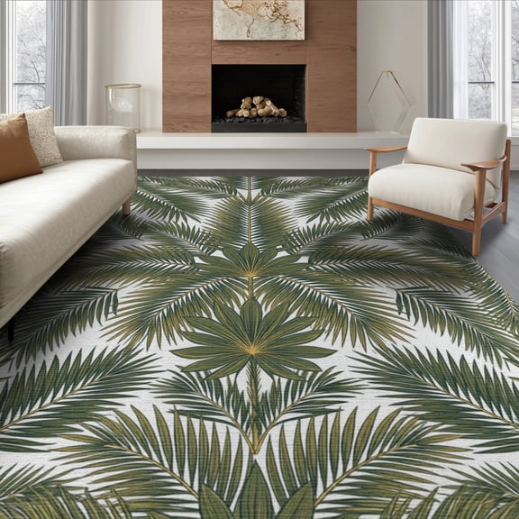 ODIKA 8'x10' Washable Area Rug Durable, Non-Slip Botanical Tropical With Symmetrical Foliage Border Palm Leaf Refined Structured for Living Room, Under Sectional, Family