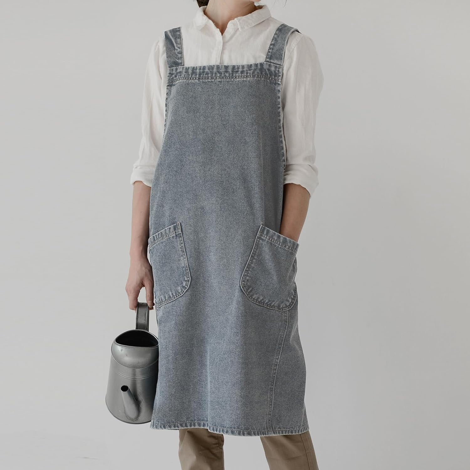Cotton Denim Apron With 2 Pockets, Cross Back Aprons for Women Men, Bib Jean Kitchen Apron for Arts Cafe Work