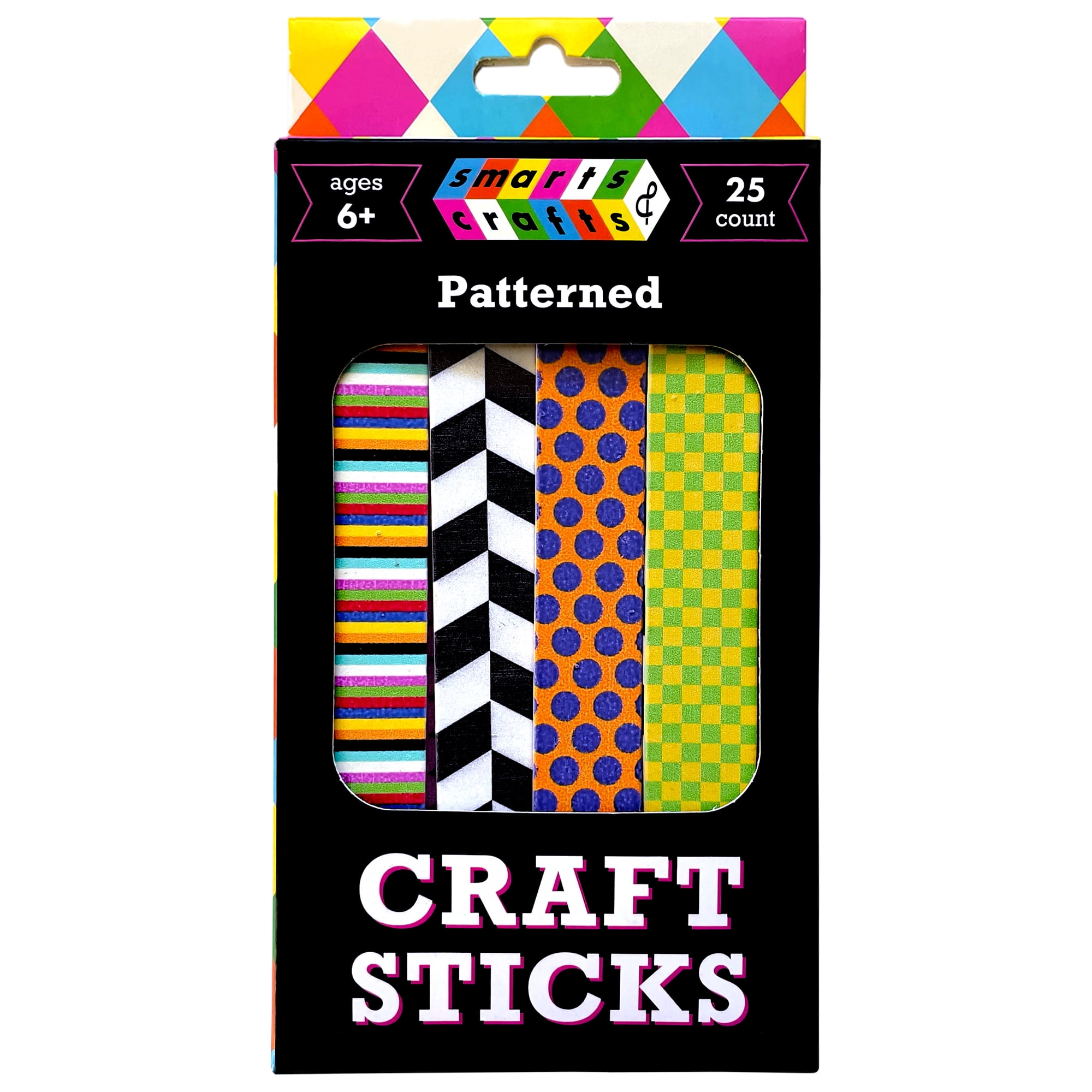 Smarts & Crafts Multi-Color Patterned Wood Craft Sticks, 25 Count
