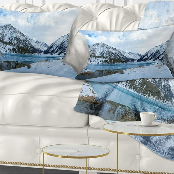 Designart Lake Between Foggy Mountains - Landscape Photography Throw Pillow - 12x20
