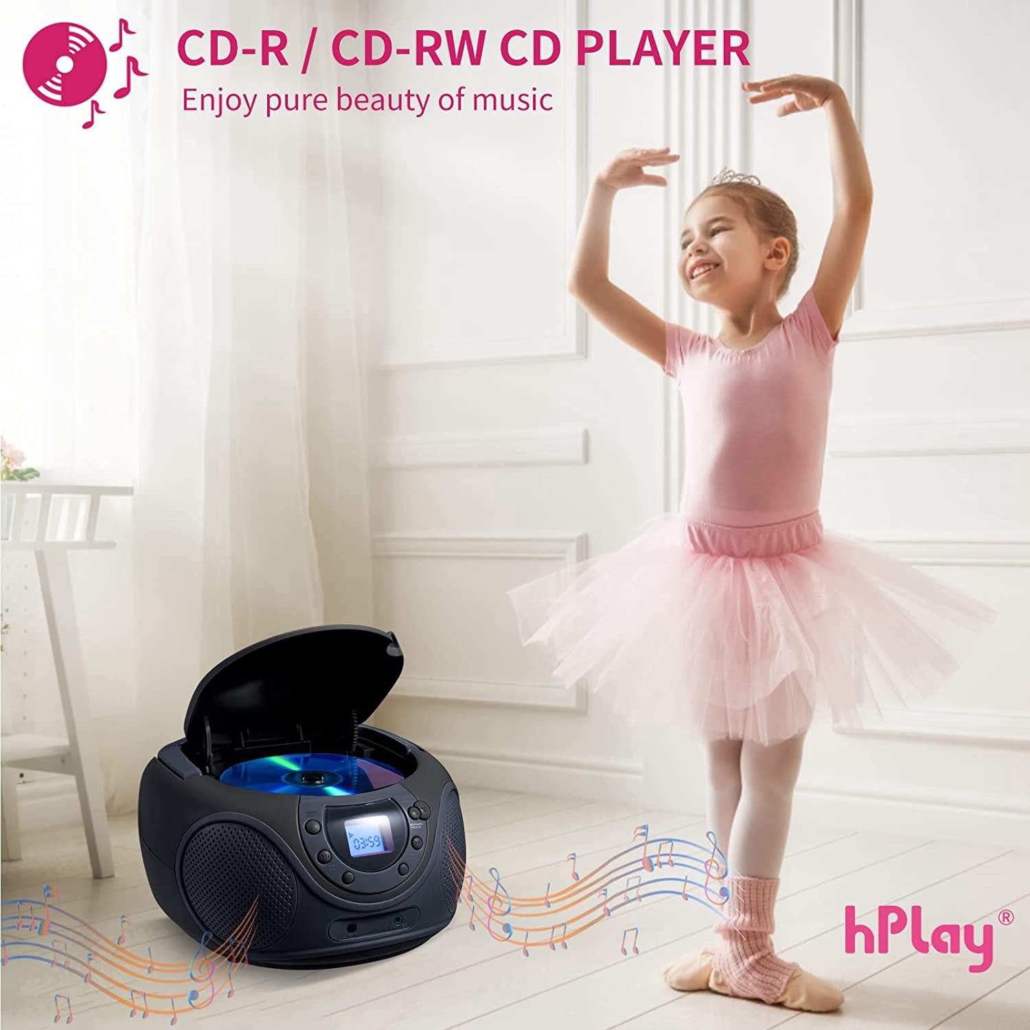 hPlay P16 Portable CD Player Boombox AM FM Digital Tuning Radio, Aux Line-in, Headphone Jack (Space Grey)