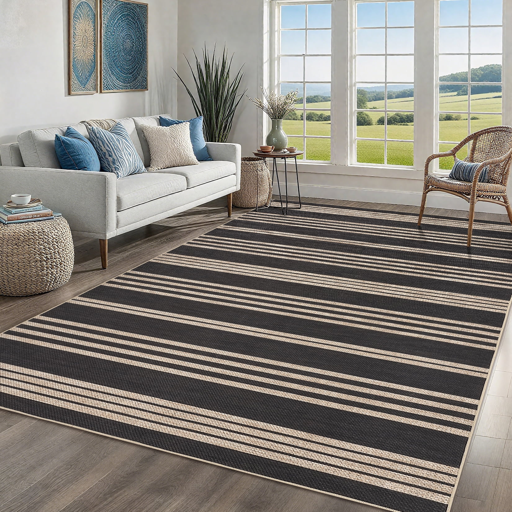 Garvee 4'x6' Modern Striped Area Rugs Easy Jute Rug with Non-Slip Backing, Washable Rug Neutral Print Indoor Outdoor Carpet for Bedroom Living Room Patio, Black White