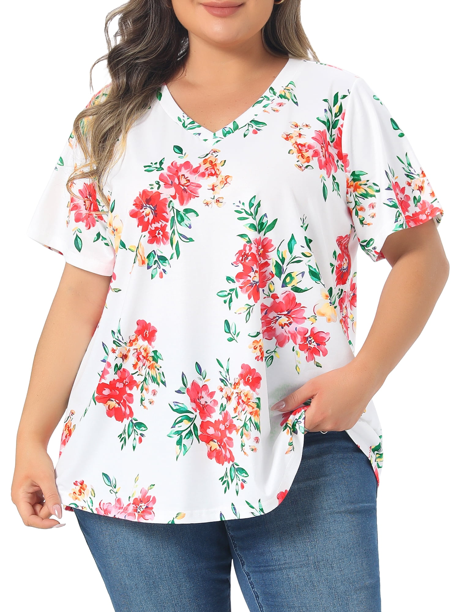 DARING DIVA Women's Plus Floral V Neck Blouse Tee Loose Tunics 3X White