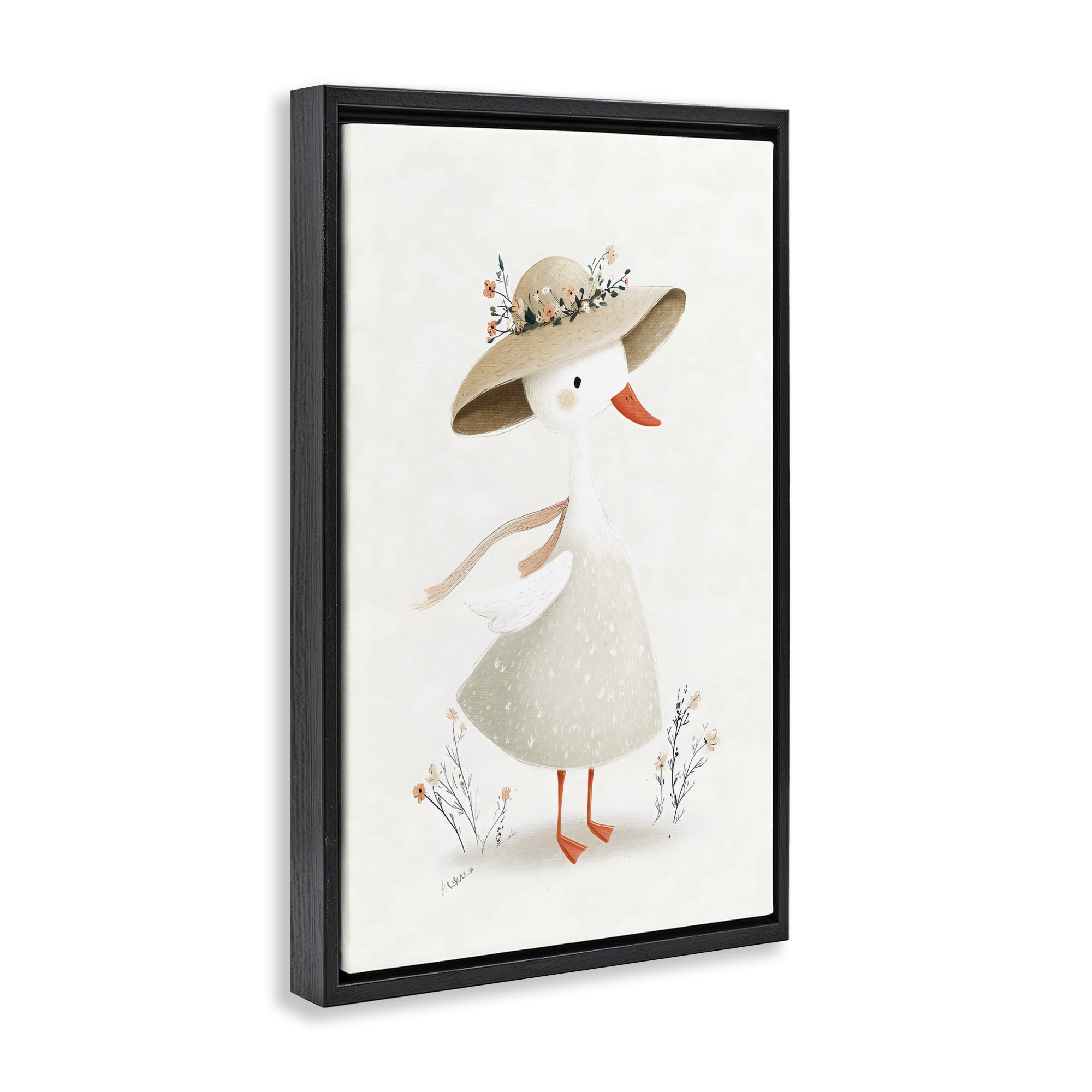 Stupell Industries Charming Goose in Sunhat Black Framed Floater Canvas Wall Art, design by Ink Drop Loft