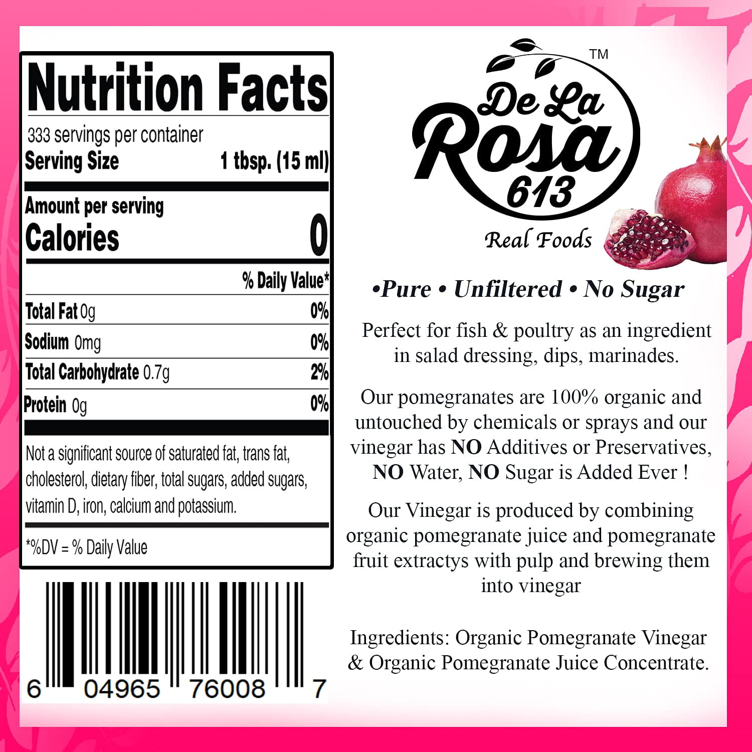 De La Rosa 613 Organic Pomegranate Vinegar, Great for Salad Dressing, 5 Liters (Pack of 1)
