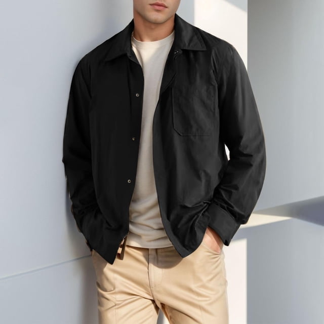 Men's Casual Jacket Lightweight Long Sleeve Button Up Outerwear, Solid Color Polyester Coat with Pockets for Spring Fall Daily Wear