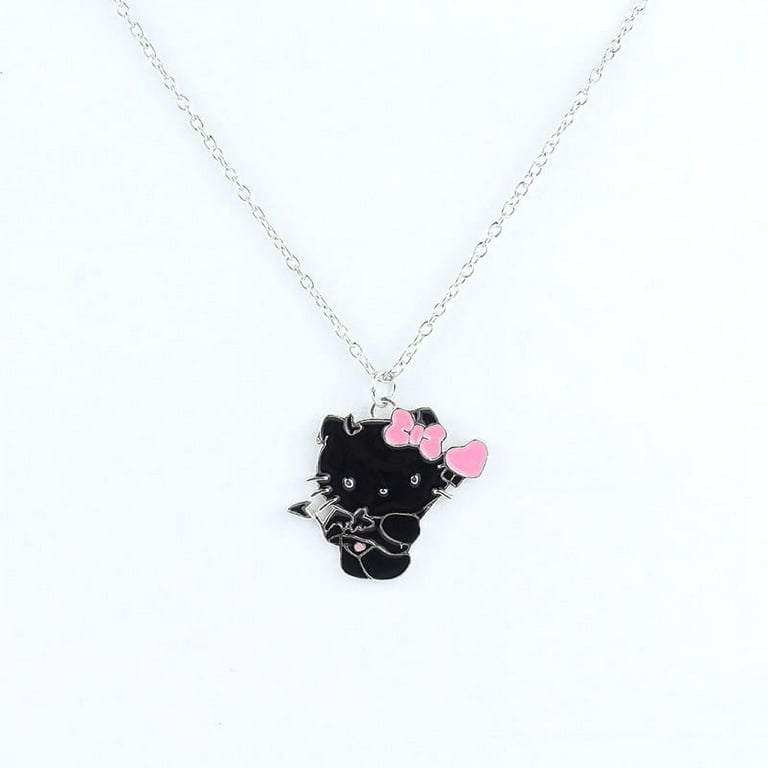 Sanrio Anime Black and White Hello Kitty Necklace Couple Pendant Cute Cartoon KTM Best Friend Collar Chain Holiday Gift, Women's, Size: One Size