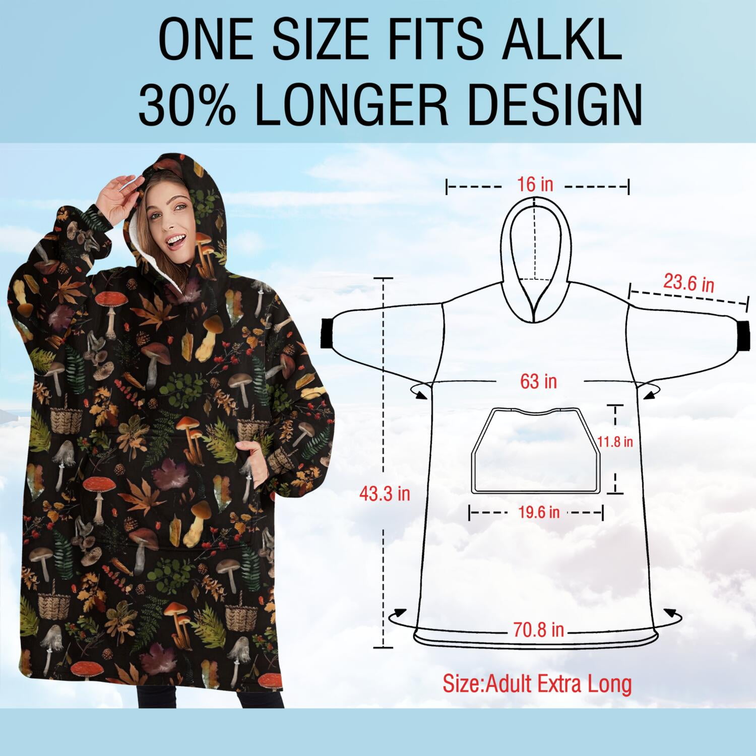 Oversized Wearable Blanket Hoodie,Red Mushroom Leaf Black Pattern Sherpa Blanket Hoodie with Super Pockets,Super Warm Fuzzy Pullover for Women & Men