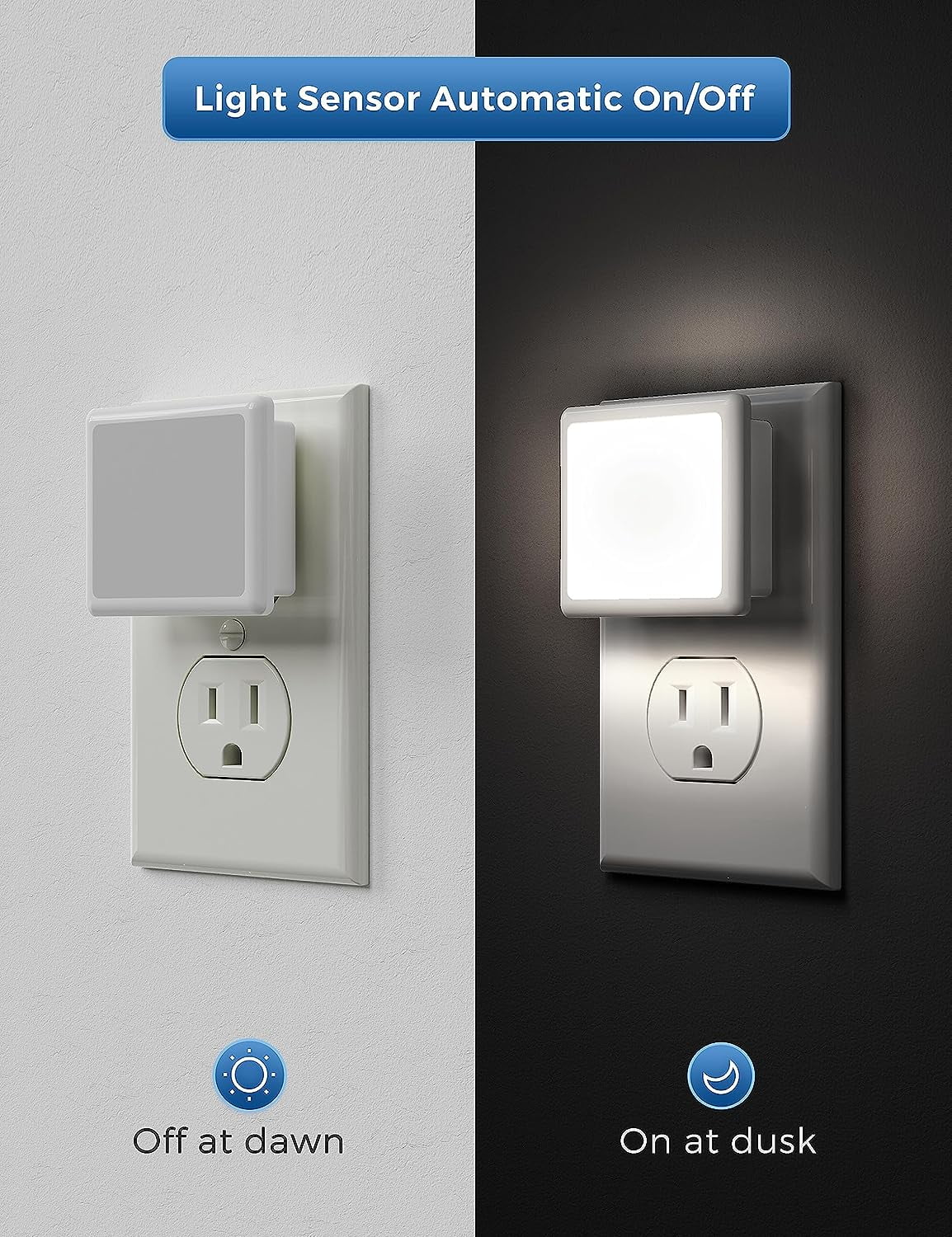 Night Lights Plug into Wall 2-Pack, 0.3W Plug in Night Light, Dusk to Dawn, 5000K Daylight White Bright Nightlight Auto-On/Off for Adults Kids Room Bedroom Bathroom Hallway Kitchen Non-Dim