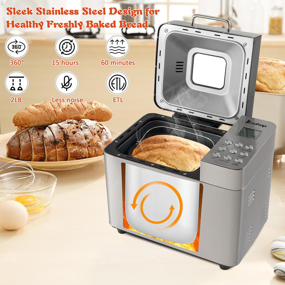 2LB KBS Bread Machine 15 Hours Delay Time and LCD Display-Stainless Programmable Breadmaker Machine with 3 Crust Color 19 Automatic Programs