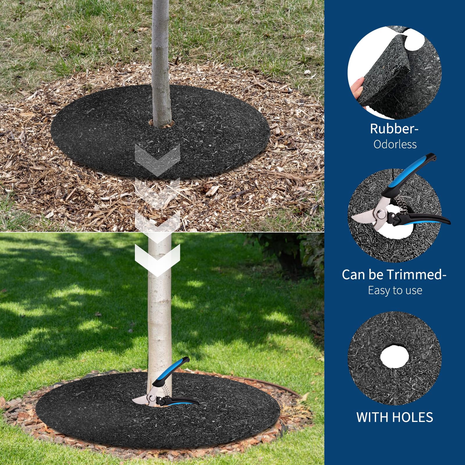 6 Pack 24 Inch Heavy Duty Rubber Mulch Ring for Trees - Round Tree Mulch Ring - Weed & Grass Control, Root Protection - No Staples Needed