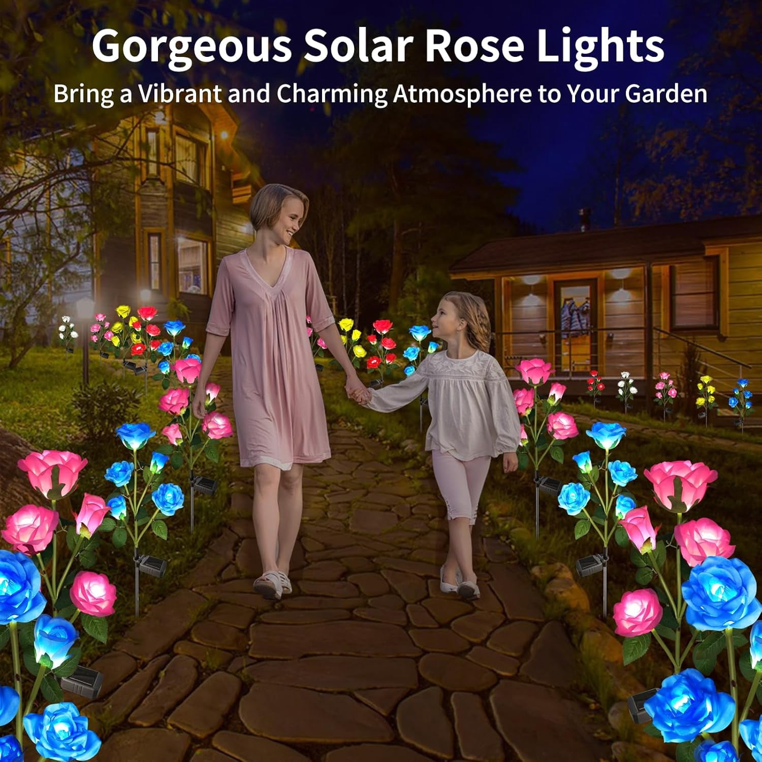 Solar Garden Lights,Solar Outdoor Lights with More Realistic 10 Rose WaterproofSolar Powered Flowers for Outside Patio Yard Pathway Decorations, 2 Pack
