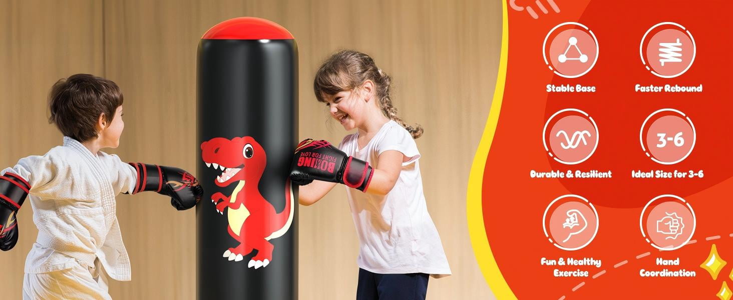 48" Inflatable Punching Bag for Kids, Lava Red Dinosaur with Black Pillar, Dinosaur Bop Bag for Boys & Girls Ages 3-8