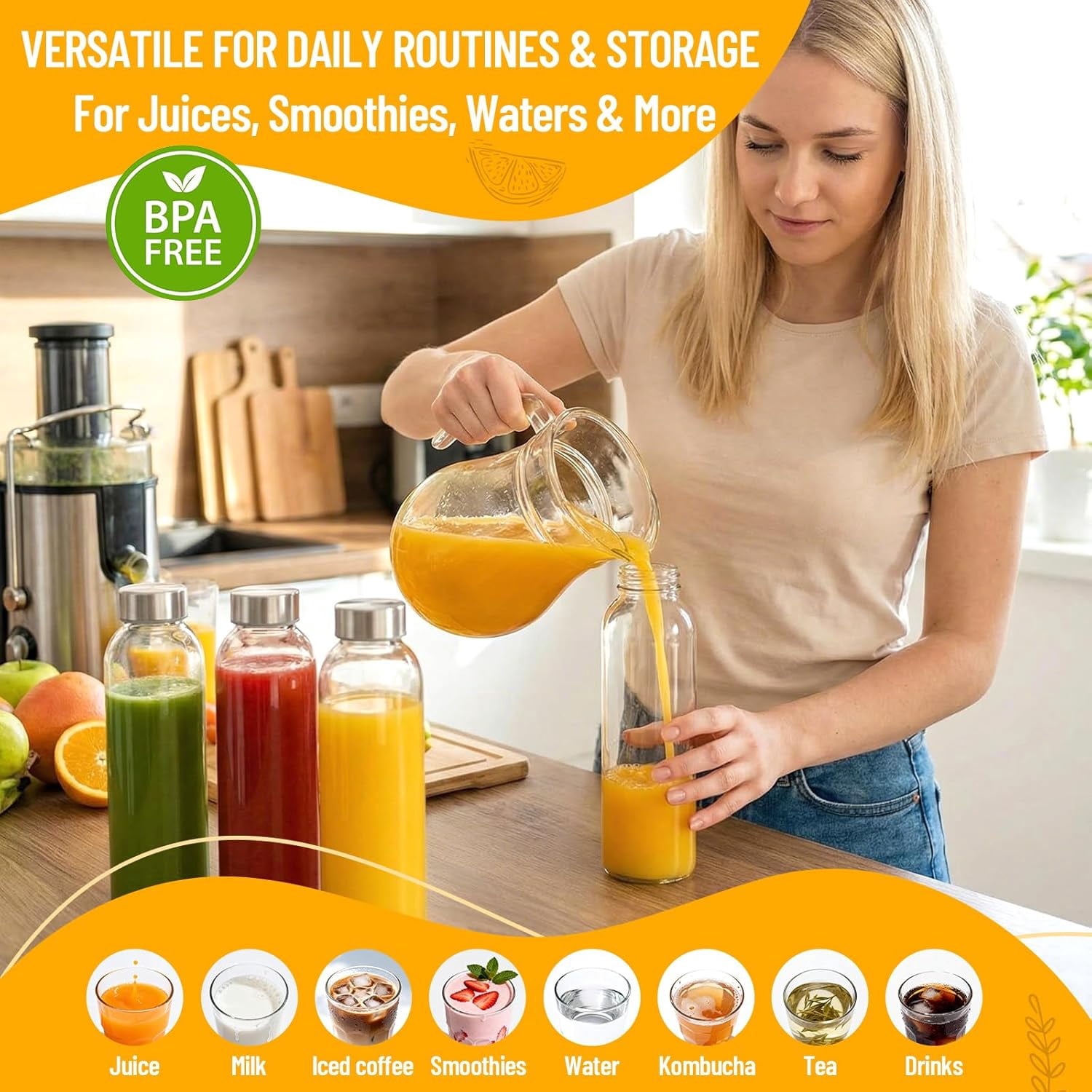 Clear Glass Bottles with Lids 18 oz, Reusable Glass Water Bottles with Stainless Steel Cap for Refrigerator, Juicing, 100% Leak Proof, BPA Free, Juice Bottle Drinking Jar Containers Set of 3
