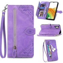 TECH CIRCLE Samsung Galaxy A14 Wallet Case,Embossed Flower PU Leather Folio Flip Protective Zipper Cover with Wrist Strap RFID Blocking Card Holder Kickstand Case for Galaxy A14 5G 6.6" 2023, Purple