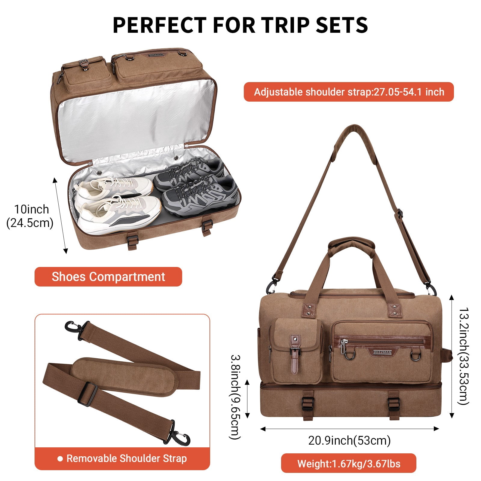 WITZMAN Canvas Weekender Bag Mens Overnight Bag for Traveling Carry on Duffle Bags with Shoes Compartment(A8010 Brown)