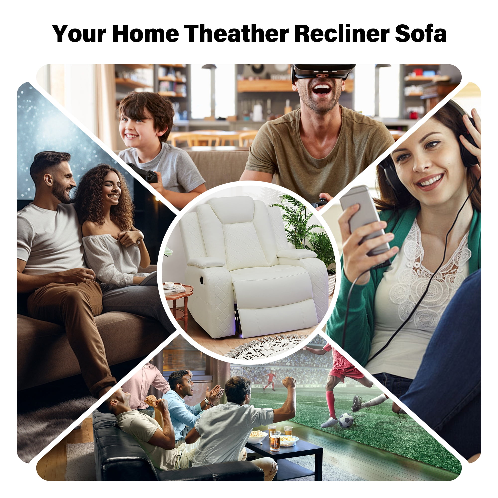 Aukfa Power Recliner Sofa Chair W/ Storage and USB for Living Room,Leather, White