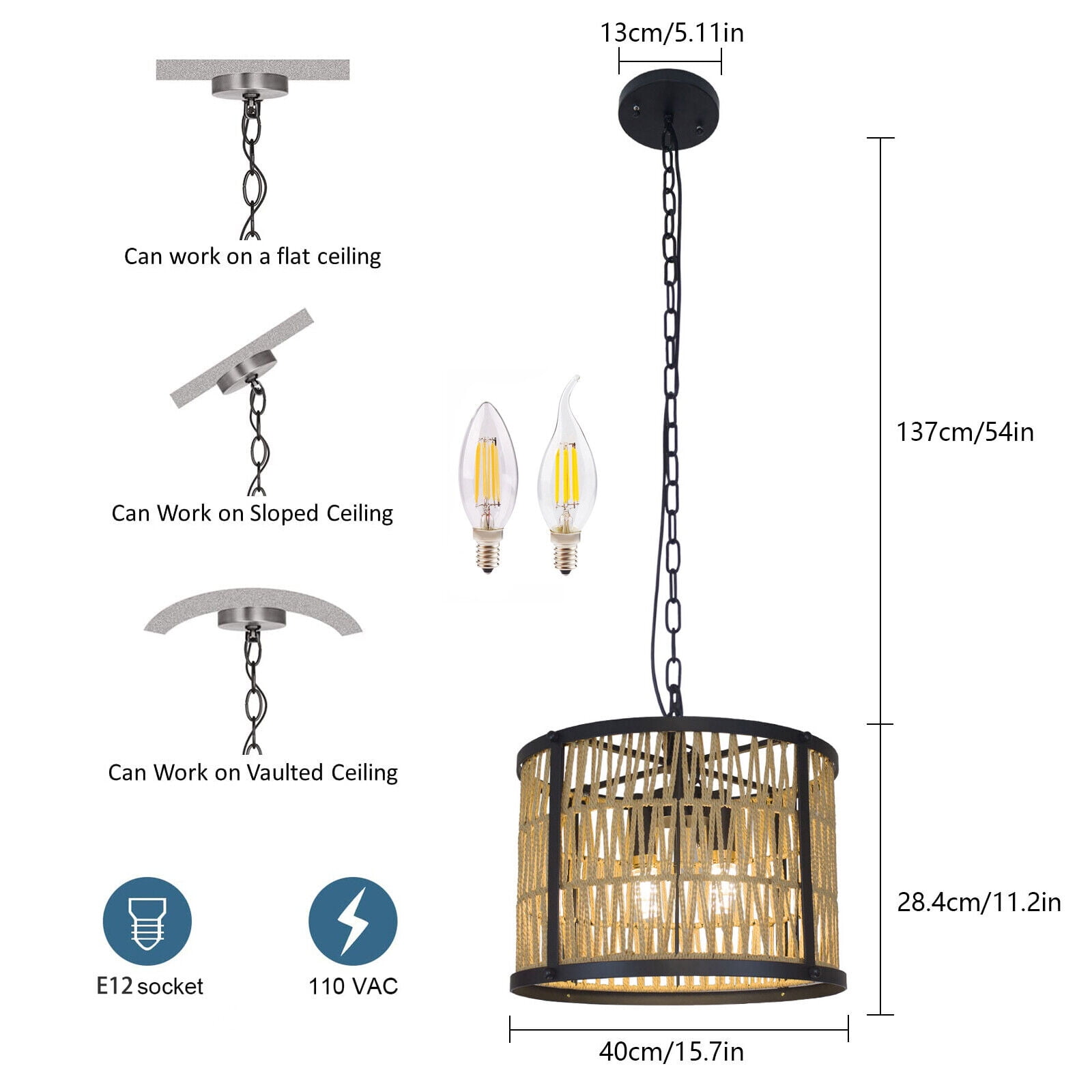 Farmhouse Rattan 4-Light Pendant Light E12 Black Chandeliers Light Fixture 110 V
