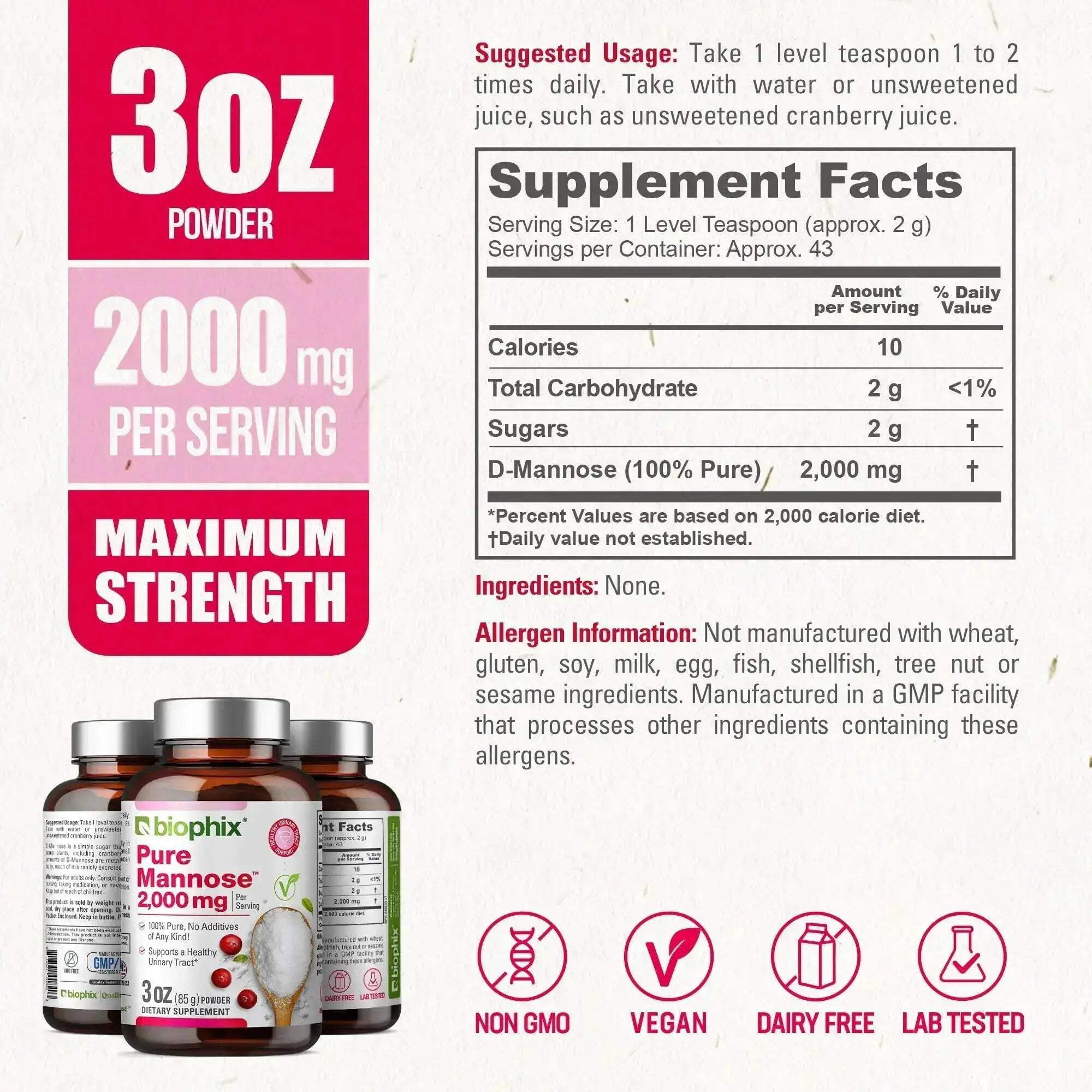 biophix Pure Mannose Powder 2000 mg 3 oz - Free Vitamin D-3 5000 IU 30 Softgels - Supports Urinary Bladder Tract Health